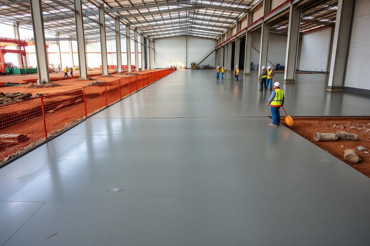 Lantai beton gudang logistik hasil pengecoran readymix K-300 di Kintom Banggai