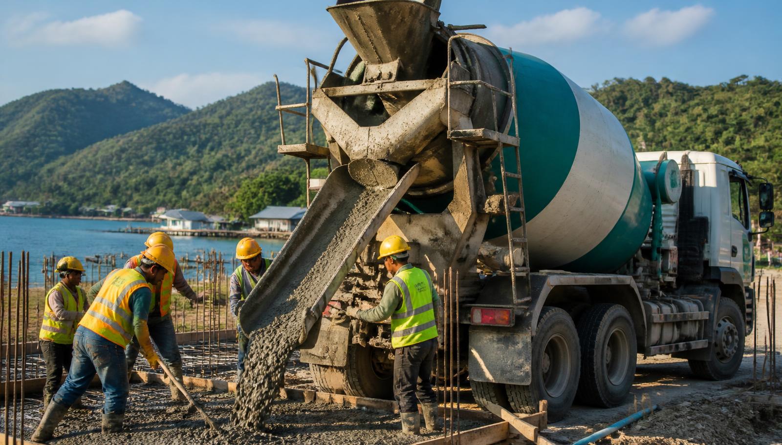 Truck mixer readymix PT Karya Beton Readymix menuang beton cor di proyek Banggai Sulawesi Tengah